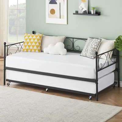 Twin Size Space-Saving Metal Daybed with Pull-Out Trundle, Heavy Duty Steel Slats & Stylish Curved Floral Headboard, Platform Sofa Bed for Living Room or Guest Room, No Box Spring Needed - Black