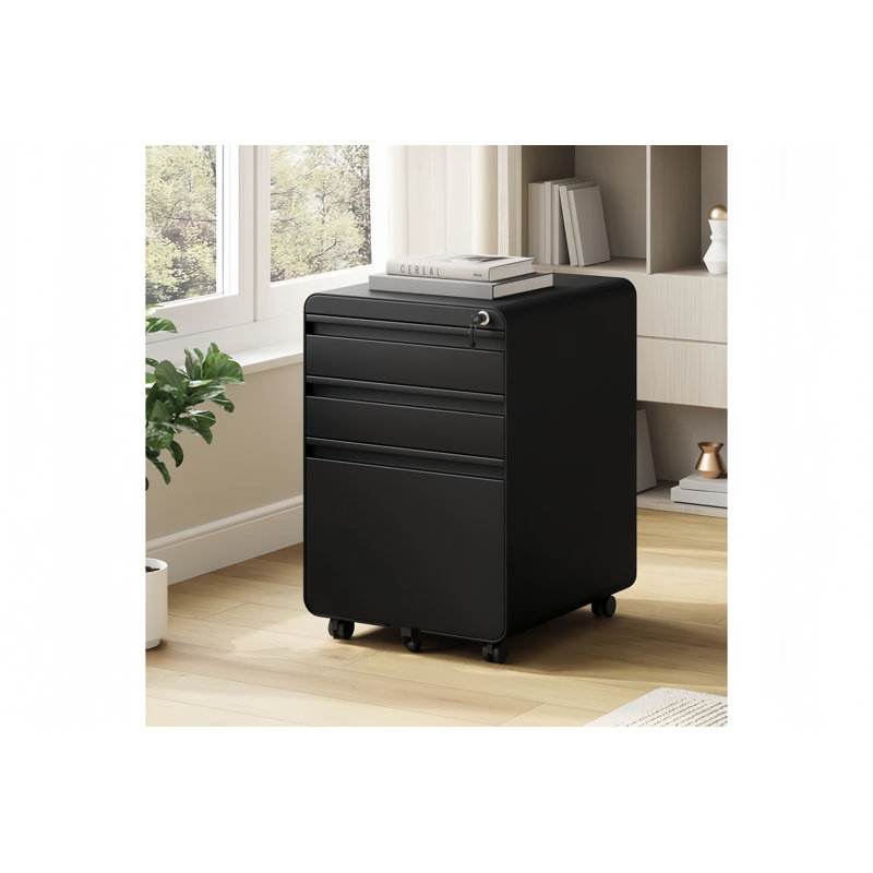 3 Drawer Metal Filing Cabinets with Lock Wheels, Anti-tilt Under Desk Design (No Assembly Required), Black