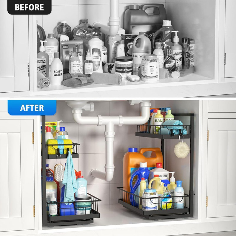 Ensemble de 2 ensembles de rangement sous le lavabo à 2 niveaux - Armoire de rangement en métal pour la cuisine, la salle de bain, le garde-manger et le placard