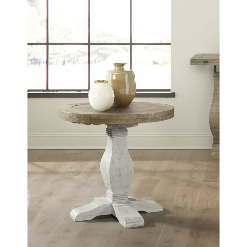 Sarcoline Solid Wood Round Pedestal End Table, White Stain/Reclaimed Natural