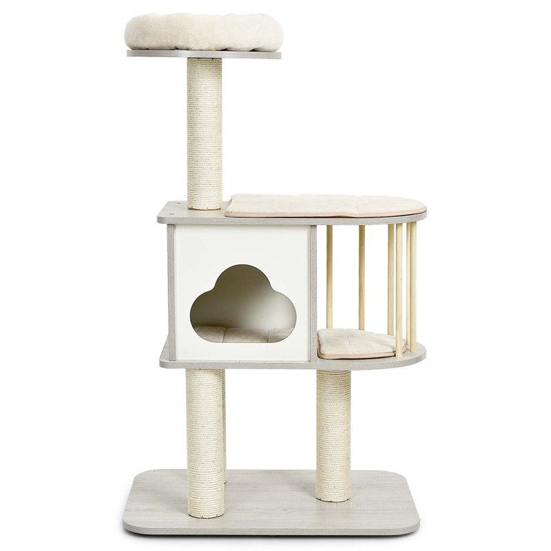 46'' Gray Wooden Cat Tree with Sisal Posts and Cushions
