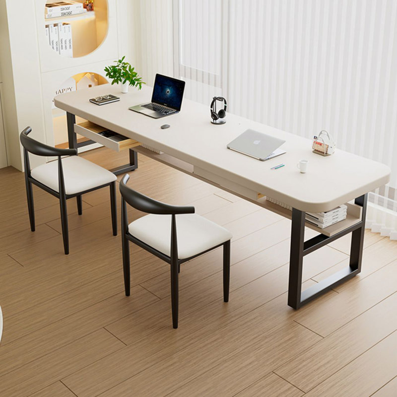Bureau double en bois massif blanc avec tiroirs, H 29,53 po x l 86,61 po x P 27,56 po