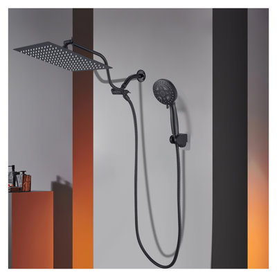 Système de douche à pluie noire de 12 po avec douchette à main, acier inoxydable