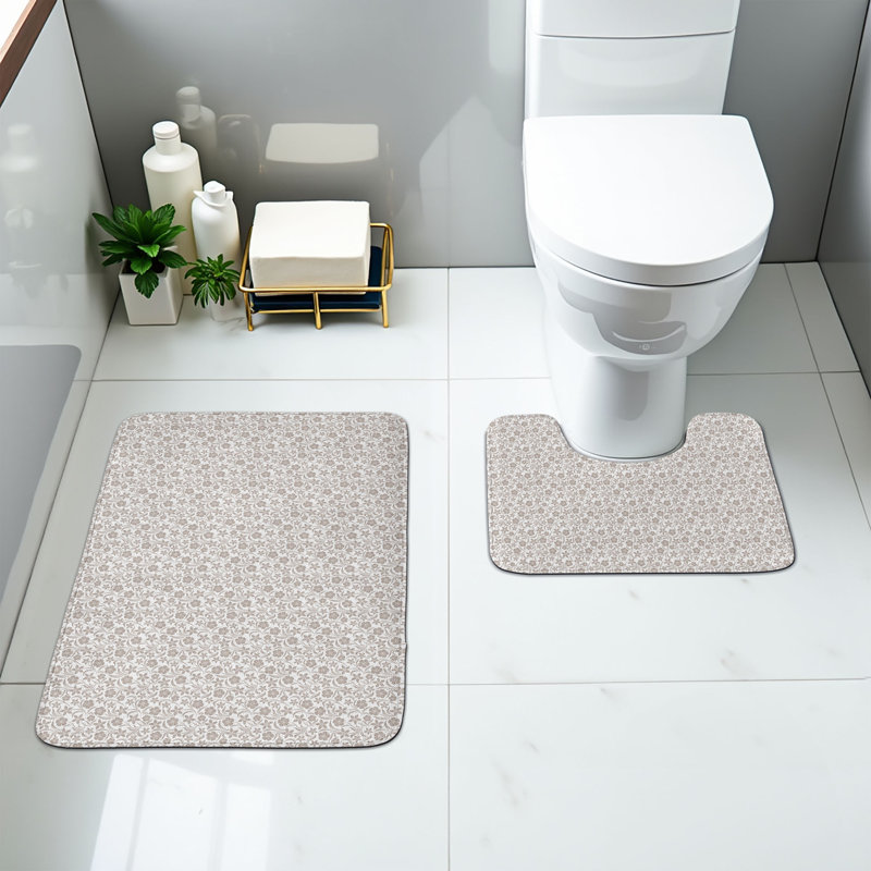  Beige Bathroom Rug Set 2 Pieces Rectangle & Contour Mats Tan White