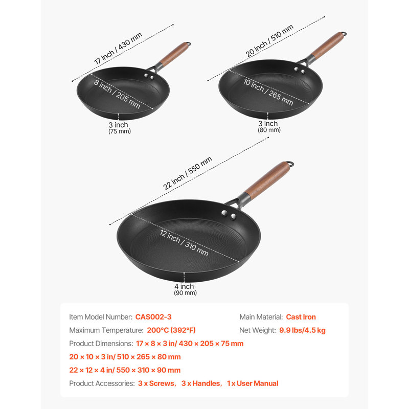 Ensemble de poêles à frire en fonte 3 pièces 8 10 12 po antiadhésif noir pré-assaisonné