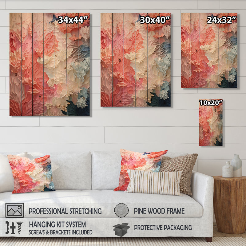 Collage de corail rose et blanc - corail sous l'eau, art mural sur bois de pin naturel, H 32 po x l 24 po