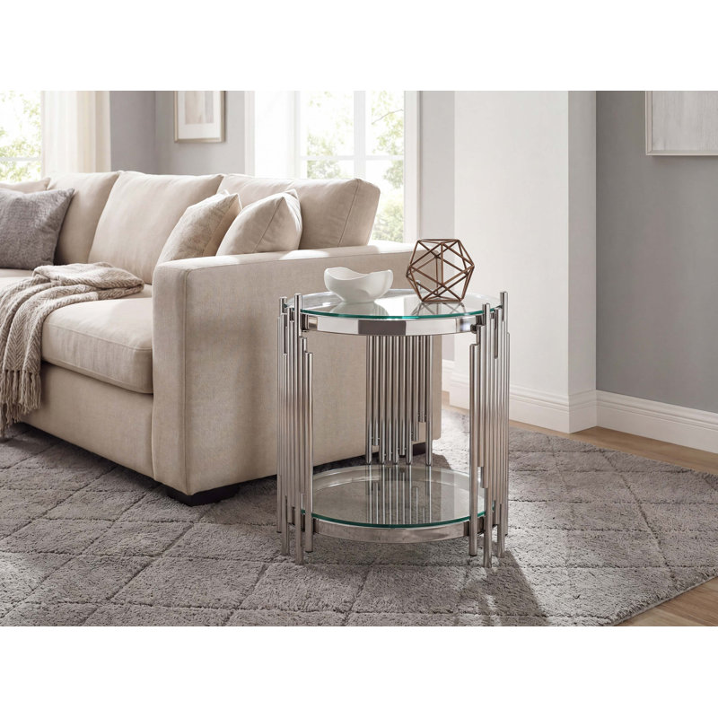 Table d'appoint ronde moderne avec double tablettes en verre et structure en métal pour le décor du salon