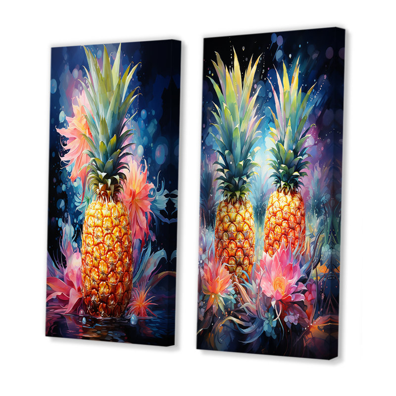 «Green and Yellow Cosmic Pineapple I», ensemble de 2 ananas sur toile, Toile tendue, H 40 po x l 41 po