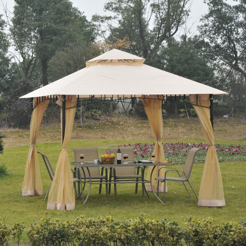 Beige Outdoor Patio Gazebo Canopy Tent with Mesh Sidewalls