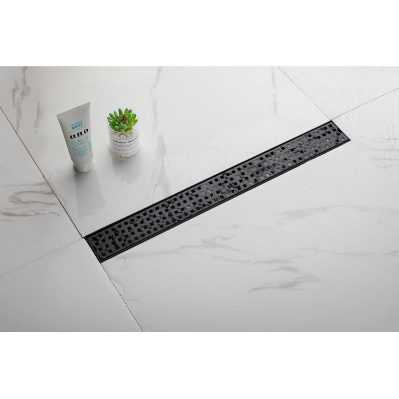 24 Inches Linear Shower Drain with Removable Quadrato Pattern Grate, 304 Stainless Shower Drain  Included Hair Strainer and Leveling Feet
