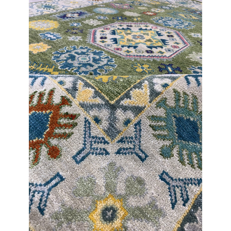 Tapis traditionnel gris clair en laine noué à la main vert clair clair / beige clair, Rectangle 6 pi x 9 pi
