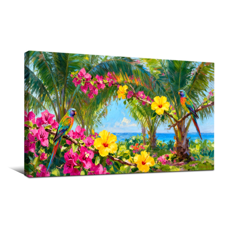 Plantes et fleurs Oiseaux tropicaux Fleurs Palmiers Océan Ciel Couleurs vibrantes Scène de la nature, H 24 po x l 48 po