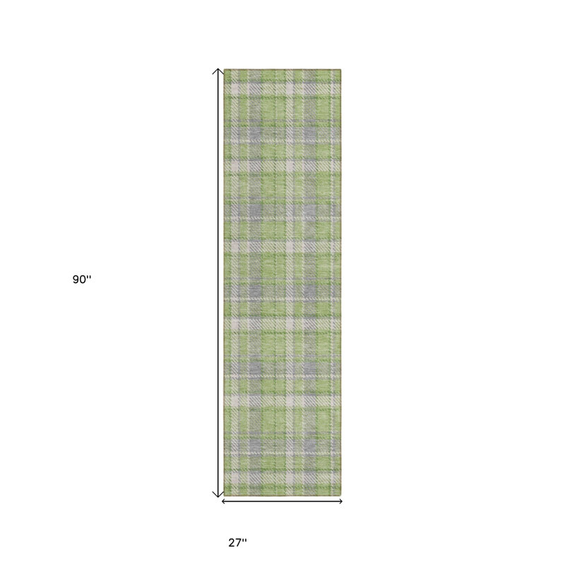 8' Runner Green and Gray Plaid Washable Non Skid Indoor Outdoor Runner Rug