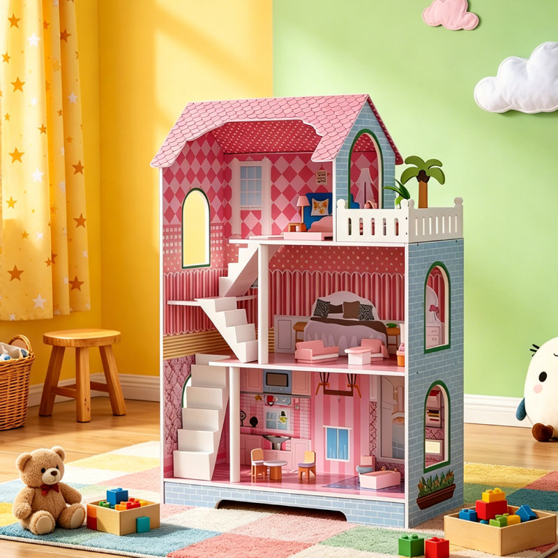 Large Dollhouse With Roof Window And Furniture, Mini Doll House Playhouse For 3 Years Old And Above