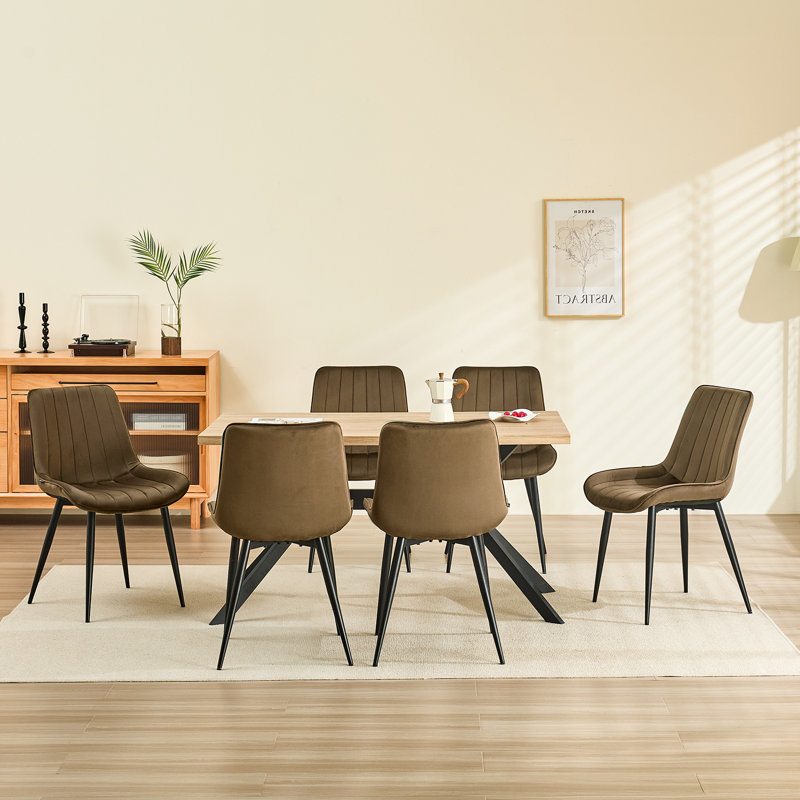 Velvet Dining Chairs, Sturdy Metal Legs, Modern Stripe Design, Brown, 6