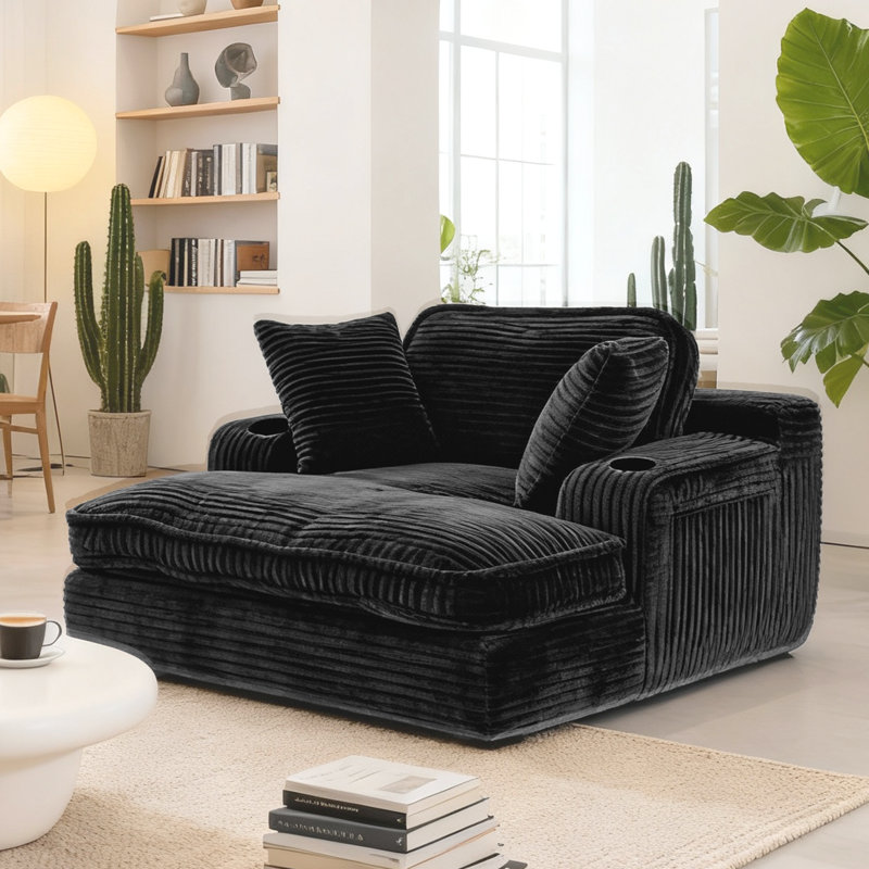 Oversized Cloud Chaise Lounge With Cup Holders & Side Pocket, No Assembly Required, Corduroy, Black