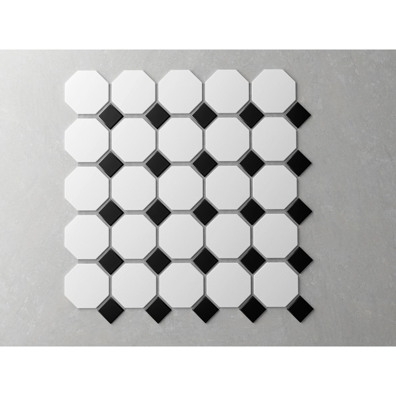 Matte 2x2" White Octagon & Black Dot 12x12 Mosaic - Wall & Floor Porcelain Mosaic tile (set of 20 sheets), White Black