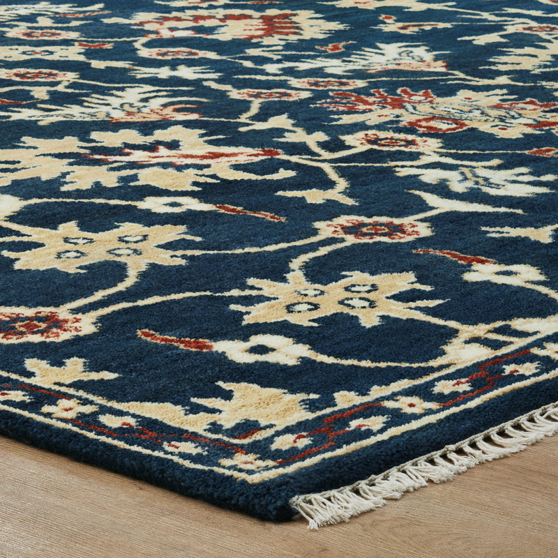 Sovereign Navy Ivory Floral Hand Knotted Wool Area Rug, Rectangle 2' x 3'