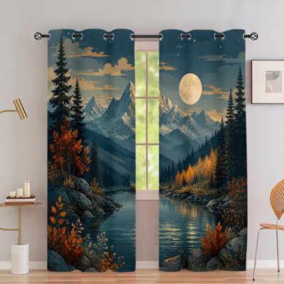 2PCS Grommet Top Blackout Window Curtains, Mountain River Moon Natural Landscape Printed Drapes, Thermal Insulated, Noise Reducing, Privacy Protection, Room Darkening Window Coverings for Bedroom Living Indoor Home Decor