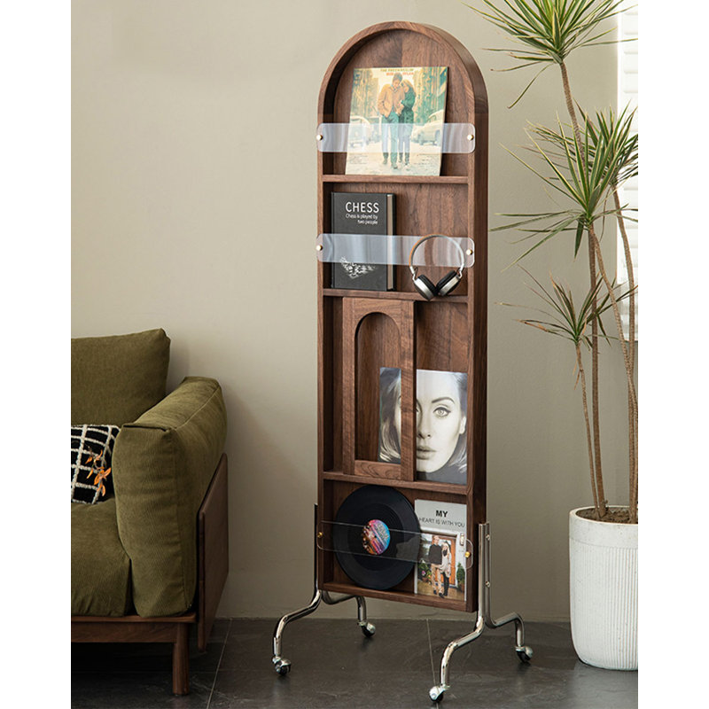 Retro Arched Black Walnut Movable Storage Full-Length Mirror