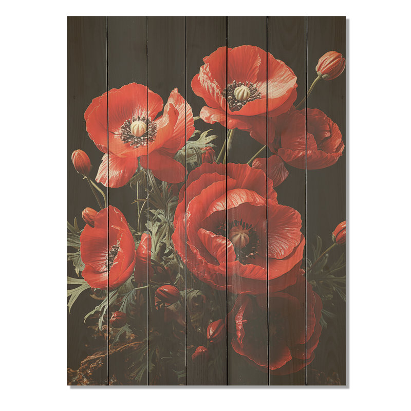 «Cascading Reds Poppy Bouquet» - Coquelicots sur bois, H 20 po x l 10 po