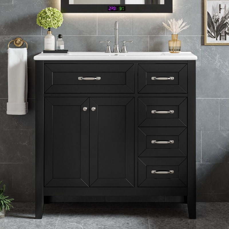 Meuble-lavabo noir 36 po avec lavabo en céramique, armoire en bois massif et tiroirs pour salle de bain moderne, Noir
