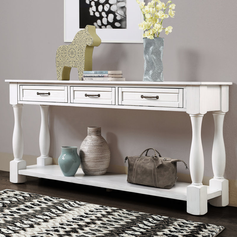 Console blanche avec 3 tiroirs et table d'entrée de 63 po à usage durable, bois massif et tablette inférieure, blanc antique, esthétique Mid-Century