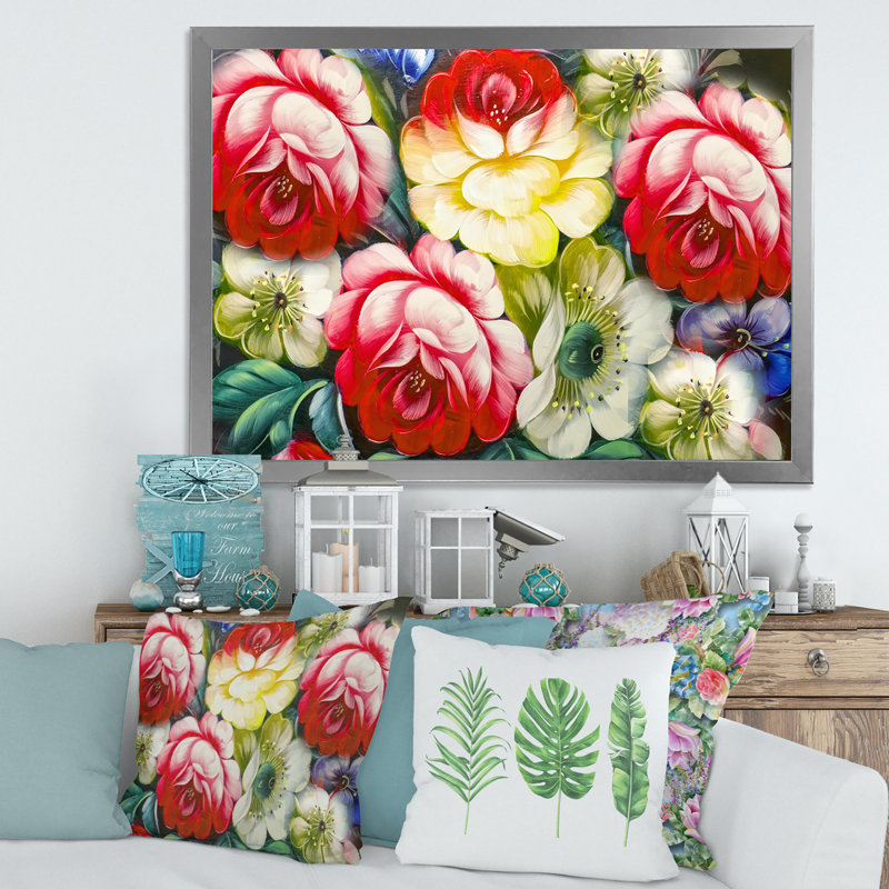 Nature morte rétro avec fleurs rouges et jaunes - impression traditionnelle, H 24 po x l 32 po x P 1 po, Encadrement argenté