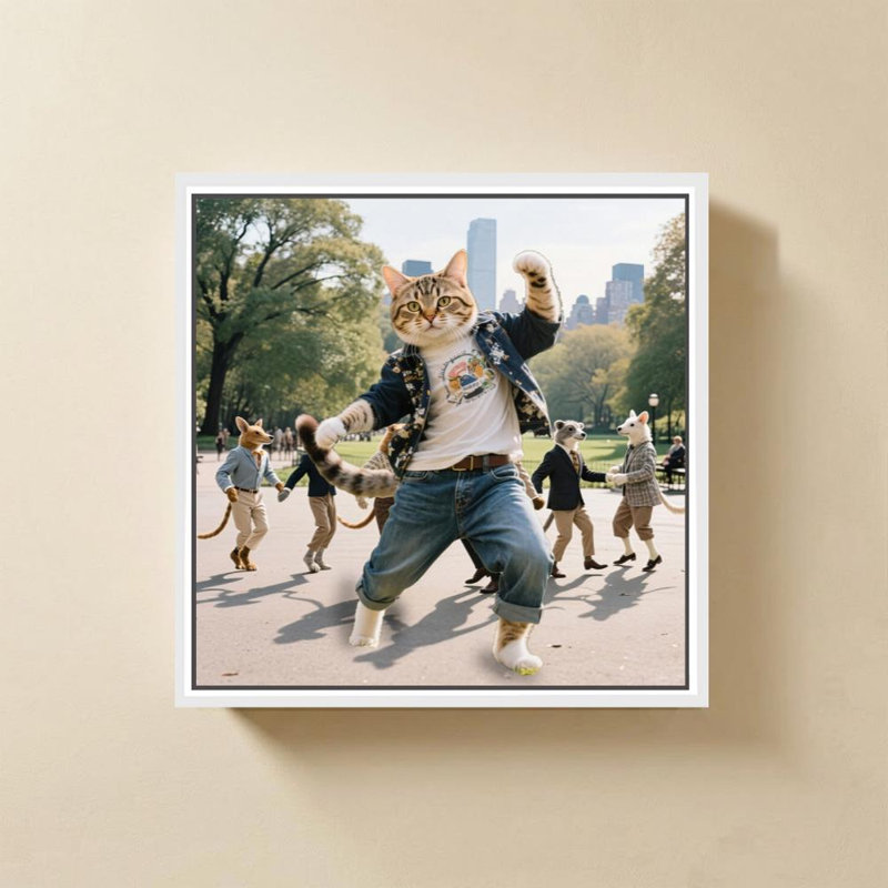 «Cat Dancing Central Park» par CAD Designs - impression sur toile, H 24 po x l 24 po, Cadre flottant biseauté, Blanc