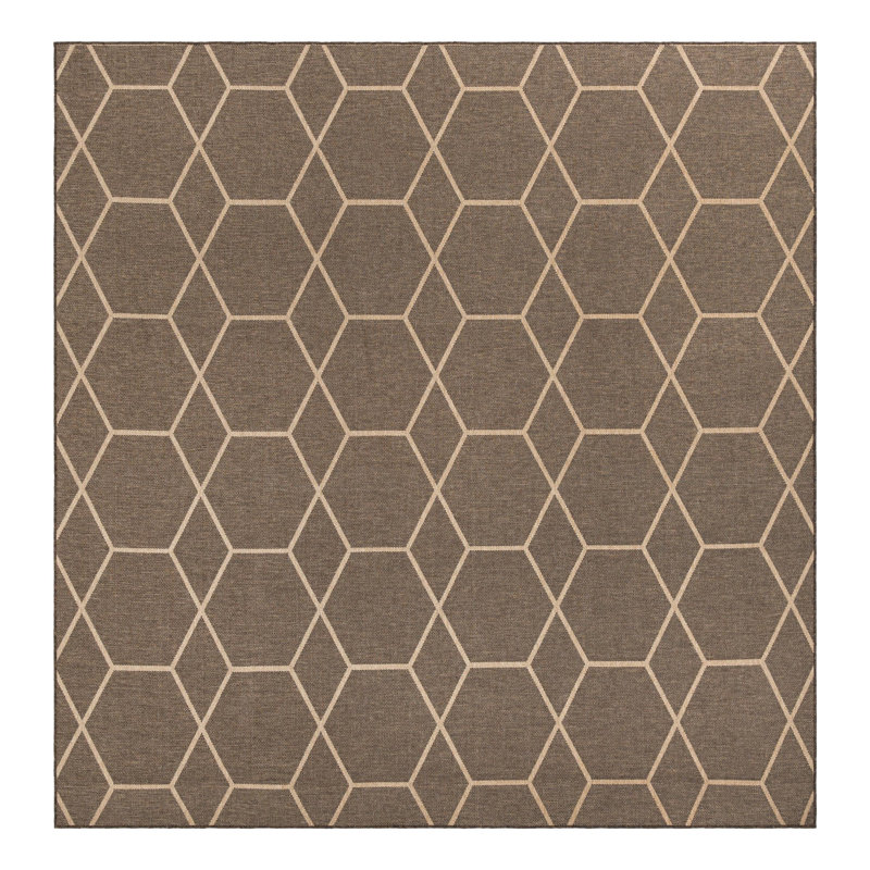 Tapis géométrique brun en polypropylène tissé à la machine Finbar, Carré 12 pi 2 po