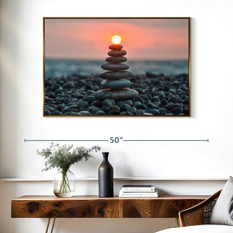 Zen pile au coucher du soleil, Cadre flottant doré, 40 po x 27 po