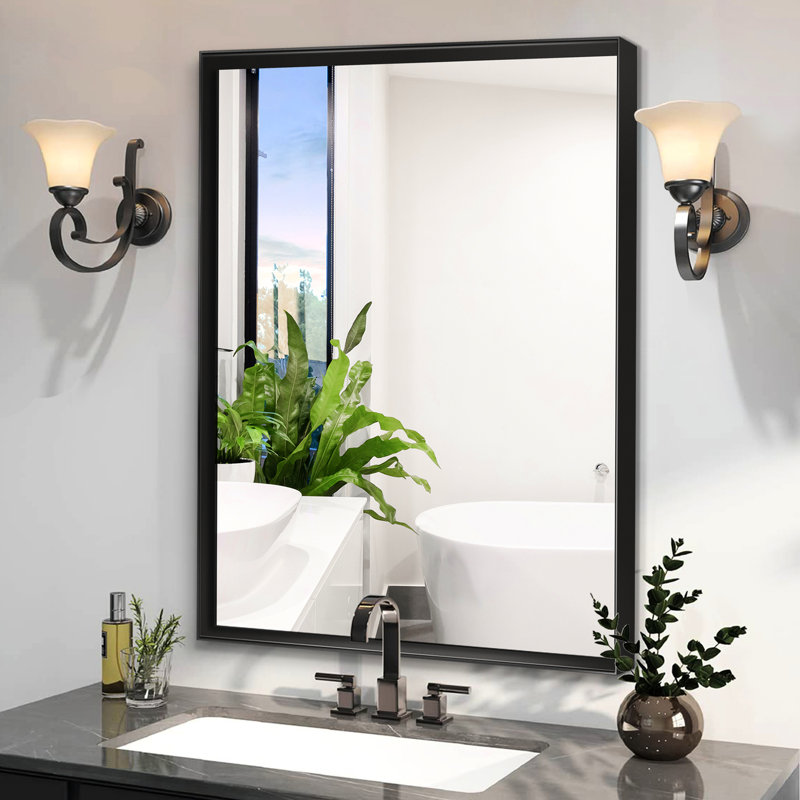 Miroir mural de salle de bain 40 po x 30 po noir brillant - Cadre en métal rectangulaire à rebord biseauté, reflet HD, rouille, installation simple en peu de temps pour un meuble-lavabo avec étapes transparentes et antirouille