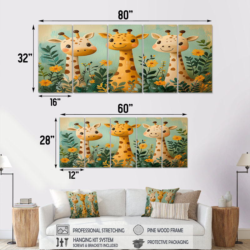 Nursery Brown Gentle Giraffes I - Ensemble de reproduction d'art mural pour chambre de bébé, H 28 po x l 60 po