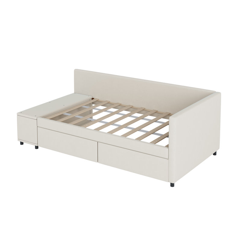Twin Size L-Shaped Upholstered Platform Bed With Storage And Drawers, Beige