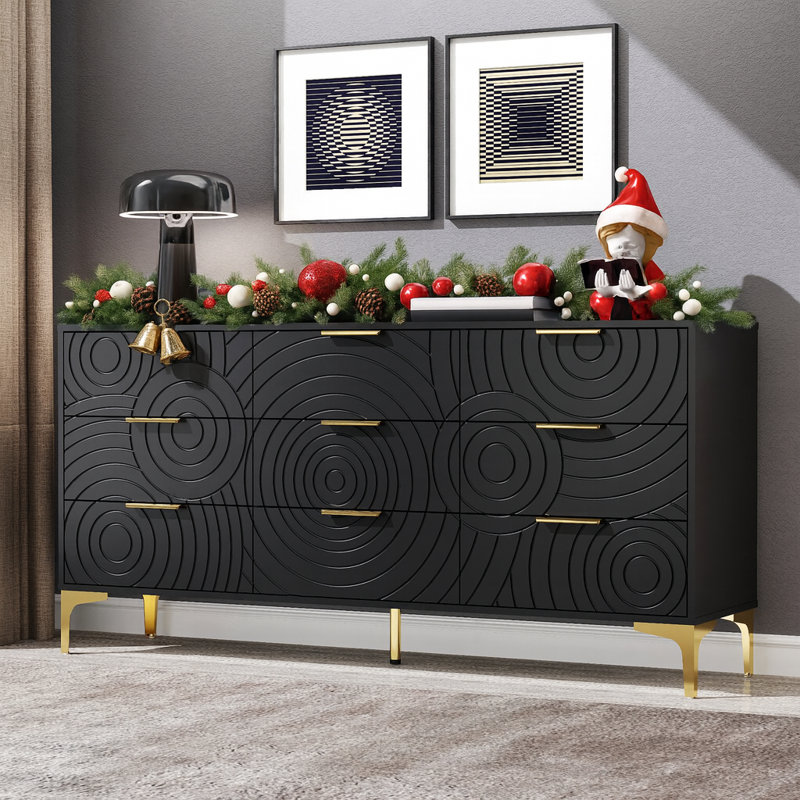 Commode à 9 tiroirs Wave avec poignées et pieds dorés, Noir