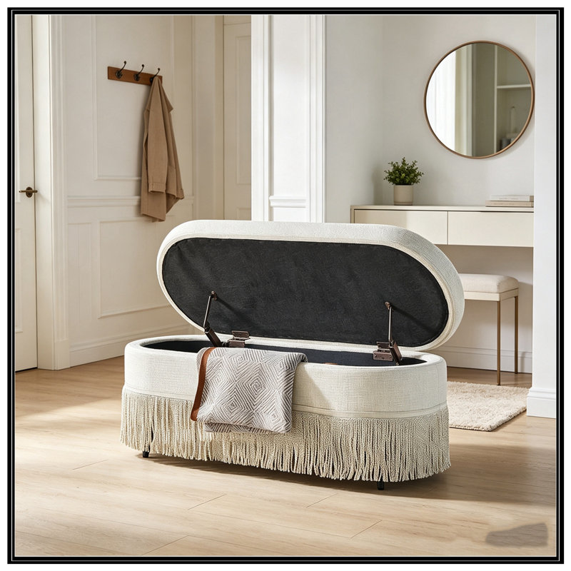 Banc ovale rembourré avec rangement rabattable et pieds robustes, Beige