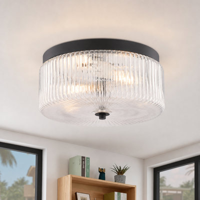 Plafonnier encastré 2 lumières Riverside, finition noir mat, tambour en verre nervuré transparent, largeur 11,75 po, compatible avec DEL