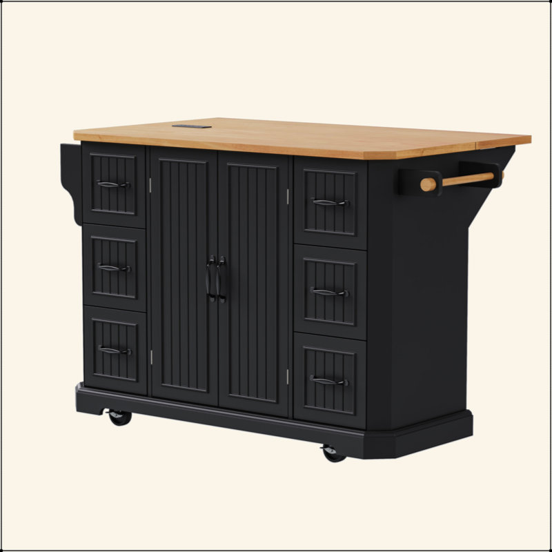 56 Inch Kitchen Island With Rubber Wood Veneer Drop Leaf, Power Outlet, 4 Door Shelves, Embossed Vertical Stripe Rolling Kitchen Cart On 4 Wheels With 6 Deep Drawers For Kitchen, Dining Room