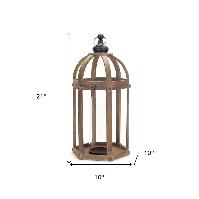 Set of Two Brown Distressed Wood And Glass Floor Lantern Candle Holders