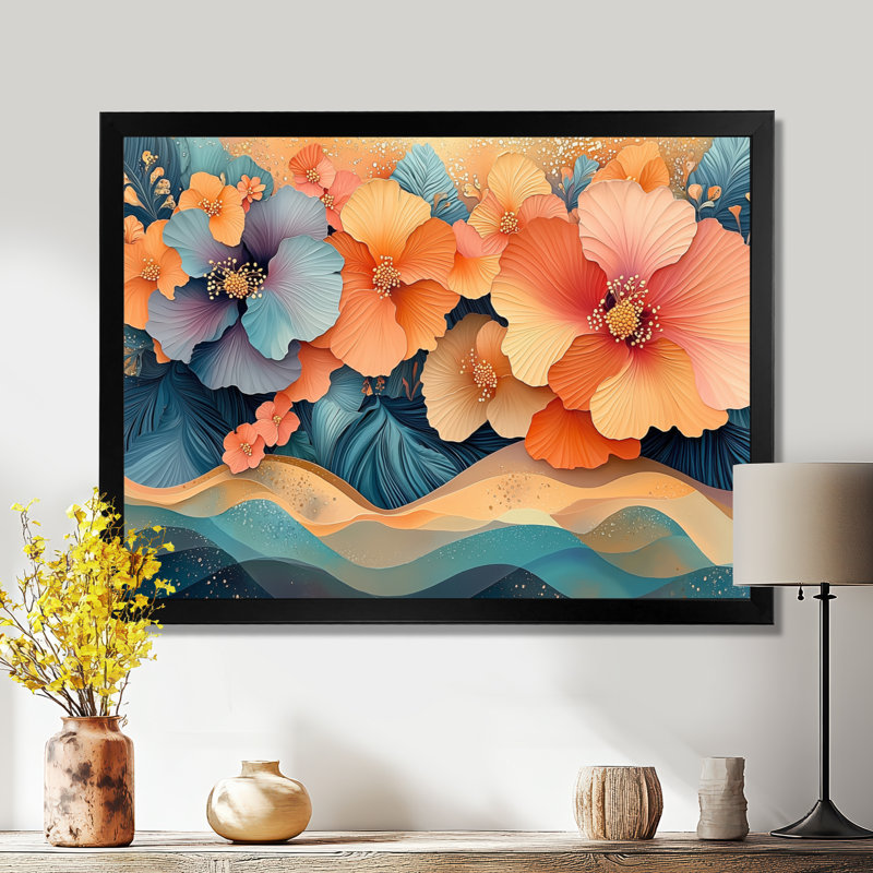 Hibisuc tropical dans une symphonie côtière I - Hibiscus, art mural, Reproduction encadrée d'une seule photo, Noir