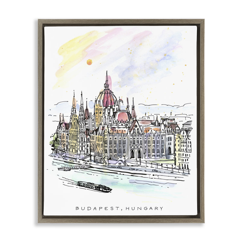 Cadre flottant Minimal Budapest Skyline, design par Angela Steahling, H 21 po x l 17 po, Cadre flottant orme Montalcino