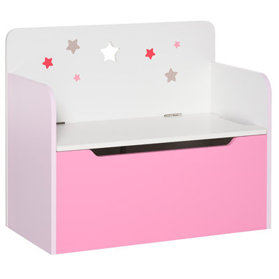 Pastel Pink Star Cutout Kids Toy Box Flip Top Storage Bench With Slow Close Gas Hinge MDF Children Toy Storage Seat Furniture For Bedroom Playroom Ages 2 To 5