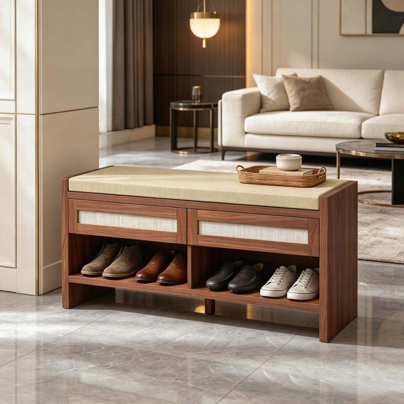 Banc à chaussures brun avec siège rembourré, 2 tiroirs en rotin et tablette ouverte