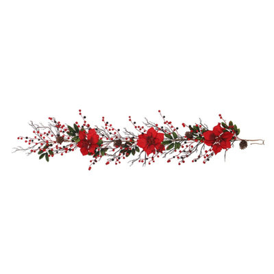 Guirlande de baies de Noël 4,9 pi, guirlande de poinsettias artificiels avec baies rouges et feuilles de houx, guirlande en forme de pomme de pin pour les fêtes de fin d'année