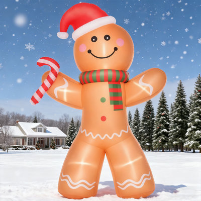 Décoration de jardin gonflable d'extérieur de 8 pi, bonhomme de pain d'épice gonflable de Noël avec une canne de bonbon avec affichage à DEL