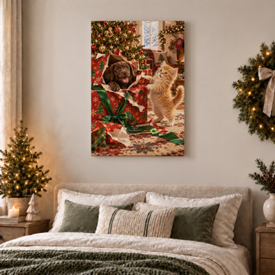 Lab Puppy In Red Gift Box With Orange Kitten Christmas Canvas Wall Art