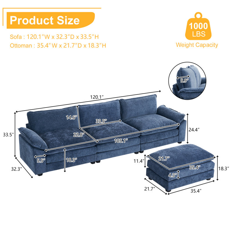 Avrilynn Upholstered Cloud Sofa&Couch with Ottoman, Blue Chenille, 120"W x 32.3"D x 33.5"H (3-Seat)
