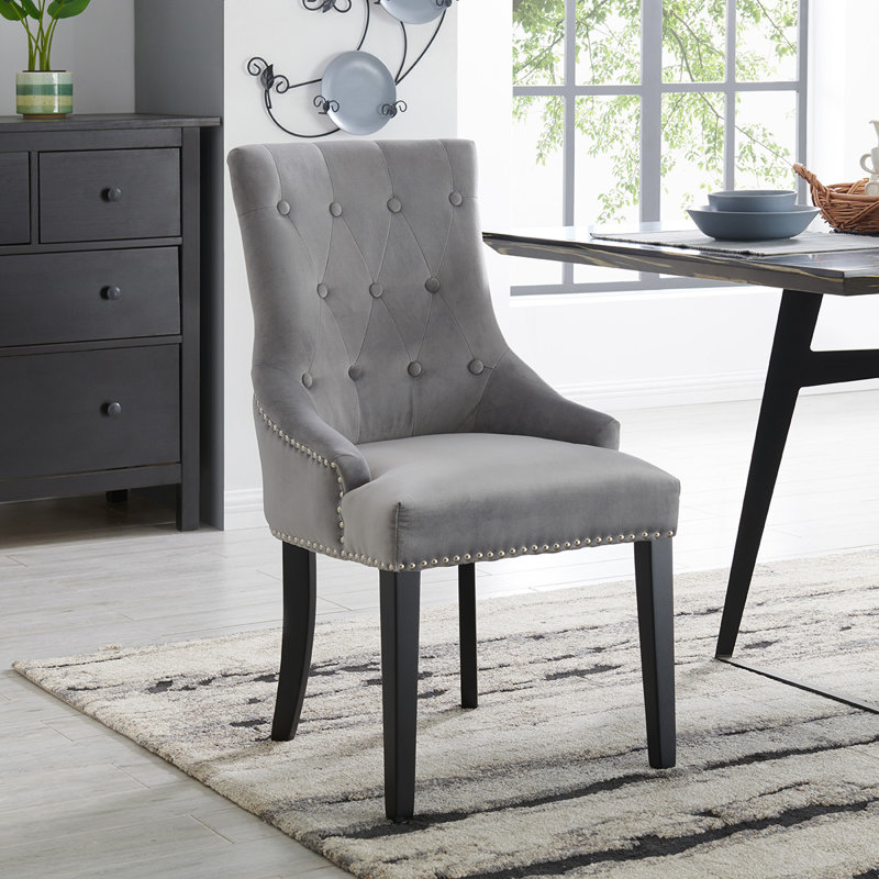 Conway 52cm H Tufted Velvet Upholstered Side Chair, Black, Velvet Silver