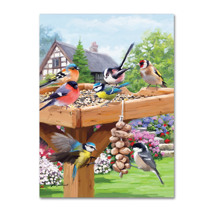 Garden Birds Canvas Art with Feeder and Flowers, 15" x 20"