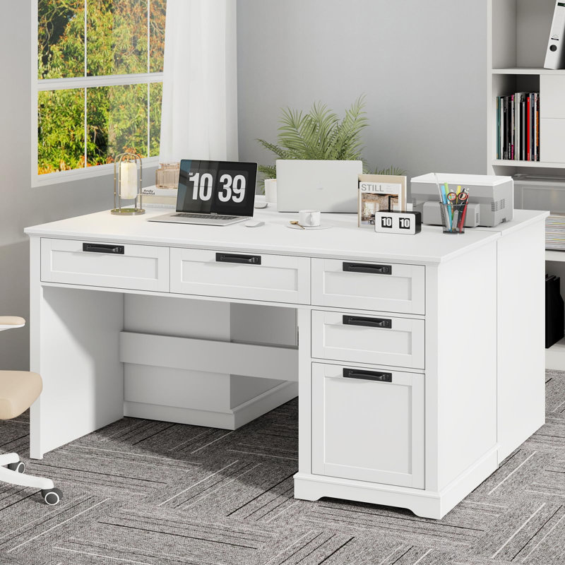 55" Farmhouse Home Office Desk With File Drawer, White/White